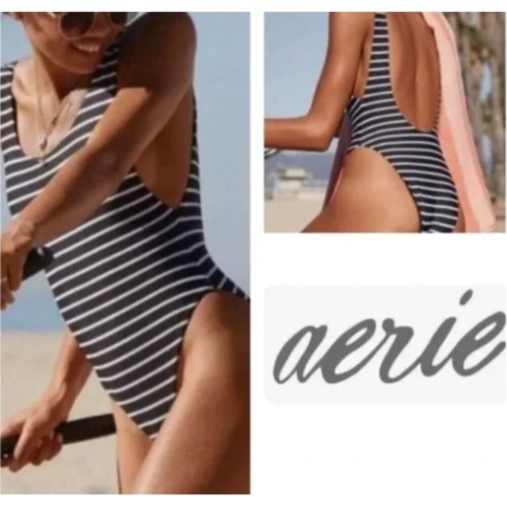 aerie black and White Striped One-Piece Swimsuit